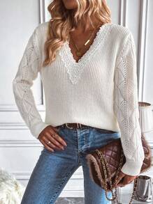 SHEIN LUNE Guipure Lace Trim Drop Shoulder Sweater - Beige - View 1