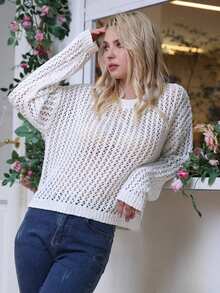 素色落肩袖網眼針織套頭毛衣 - 白色 - 查看 4