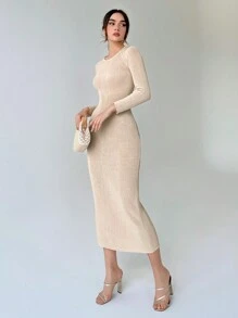 SHEIN Essnce 素色條紋針織露背繫帶毛衣洋裝 - 杏色 - 查看 3