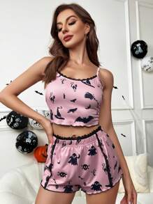 Halloween Print Lettuce Trim Cami Top & Shorts PJ Set - Multicolor - View 7