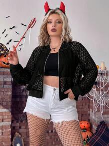 SHEIN LUNE Plus Zip Up Lace Bomber Jacket - Black - View 3