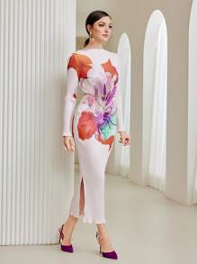 Modelyn Floral Print Lettuce Trim Bodycon Dress - Multicolor - View 4