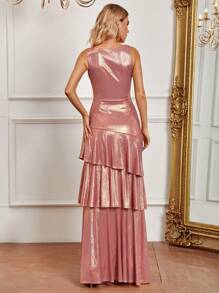 SHEIN Belle Plunging Neck Layer Hem Dress - Pink - View 2