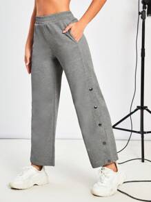 SHEIN Sports Split Hem Button Side Sports Pants - Grey - View 6