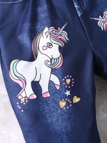 SHEIN Chica Joven Pantalones acampanados con estampado de unicornio - Azul - Ver 4