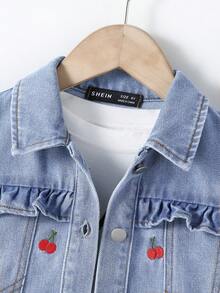 Young Girl 1pc Cherry Embroidery Ruffle Trim Denim Jacket - Light Wash - View 3