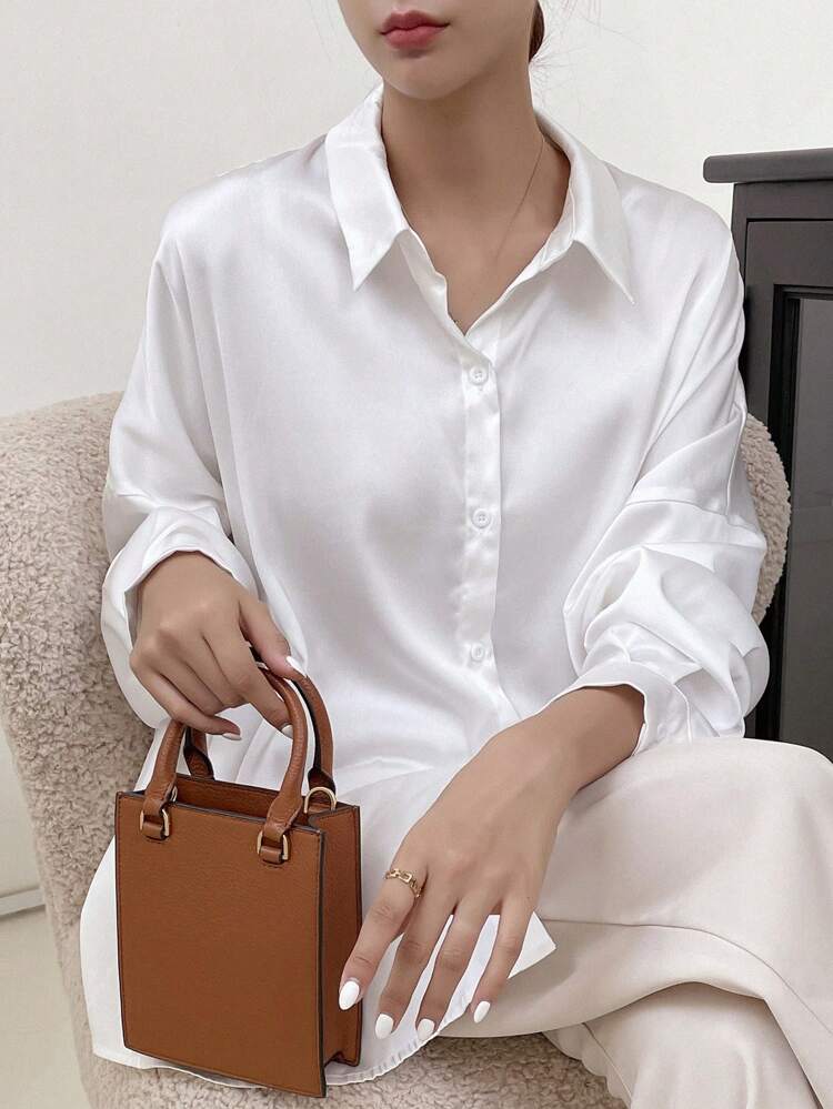 Pleated Back Drop Shoulder Shirt Long Sleeve Top