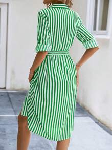 SHEIN Frenchy Striped Print Belted Shirt Dress - Green - View 2