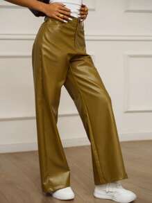 SHEIN Unity High Waist PU Leather Wide Leg Pants - Green - View 4