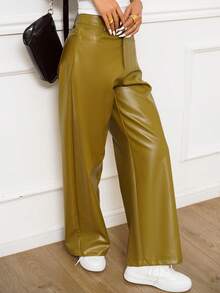 SHEIN Unity High Waist PU Leather Wide Leg Pants - Green - View 6