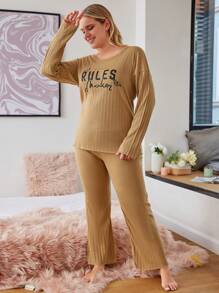 RueChic Plus Letter Graphic Drop Shoulder PJ Set - Khaki - View 5