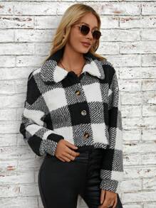 SHEIN LUNE Plaid Button Front Teddy Jacket - Black - View 5