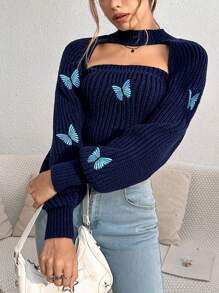 SHEIN Unity Hình Bướm Ống Knit ngọn & Siêu crop Nhún vai Áo len - Màu xanh hải quân - Xem 5