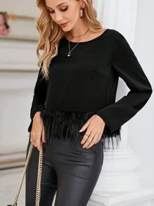 SHEIN LUNE Blusa unicolor con diseño lanudo - Negro - Ver 6