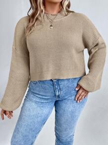 SHEIN LUNE Suéter de punto acanalado con hombros caídos talla grande, suéter de punto de invierno, suéter de otoño - Caqui - Ver 6