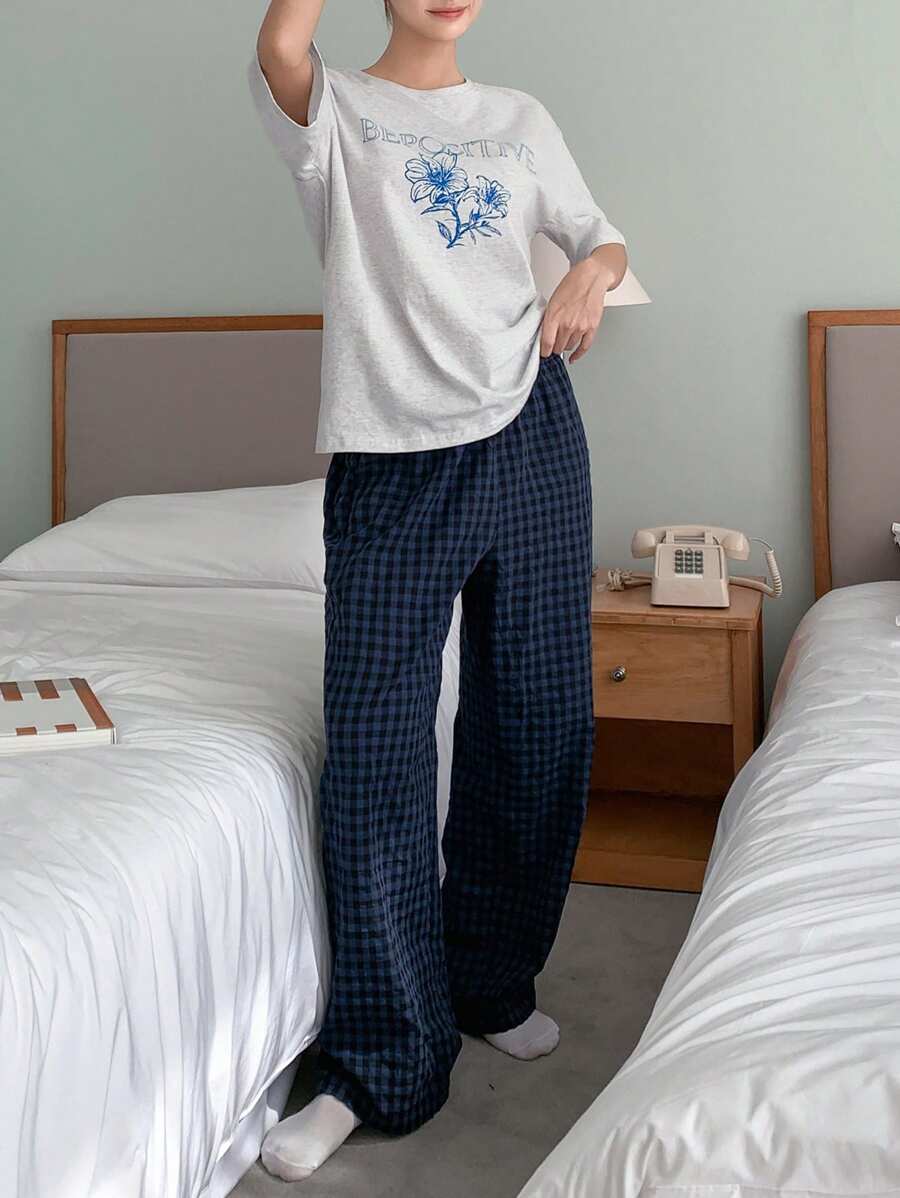 DAZY Letter & Floral Print Drop Shoulder Tee & Gingham Print Pants Lounge Set Pajama - Blue - View 1