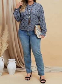 EMERY ROSE 大碼滿版印花半排扣襯衫 - 深灰色 - 查看 5