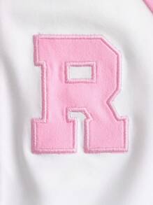 SHEIN ICON Chi tiết Patched thư Tay Raglan Dây kéo Áo thun - Hồng - Xem 3