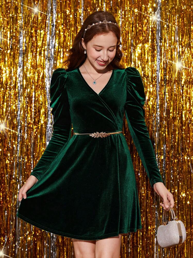 green v neck mini dress SHEIN Leap Crew Teen Girls V-Neck Gigot Sleeve Velvet Party/Graduation short dress tight