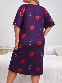 Plus Lip Print Nightdress - Purple - View 2