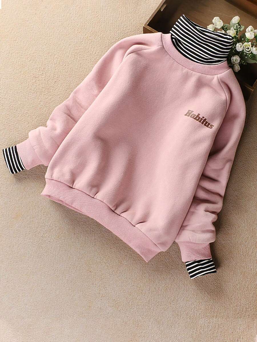 Tween Girl Letter Graphic Striped Trim 2 In 1 Sweatshirt - Pink - View 1