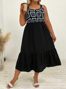 SHEIN LUNE Plus Geo Print Ruffle Hem Cami Dress - Black - View 5