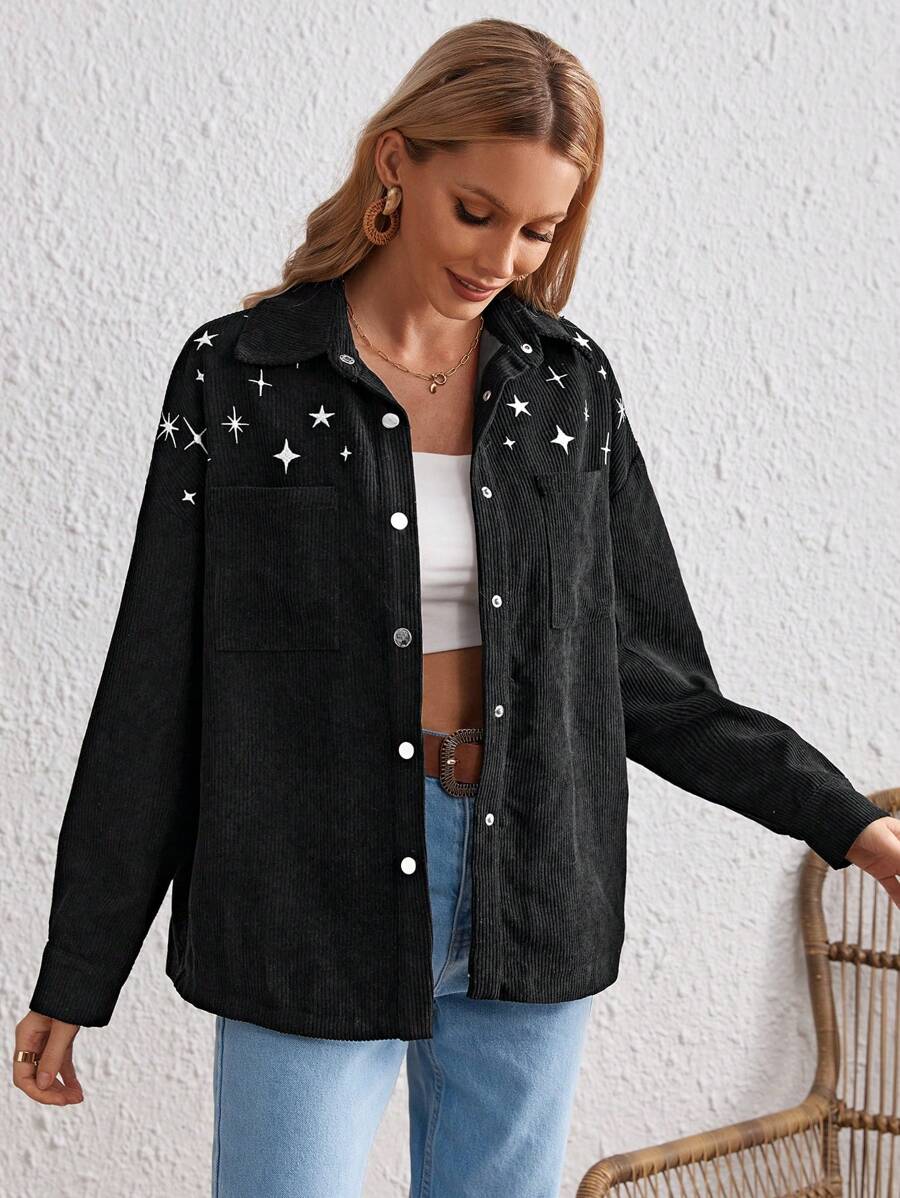 SHEIN VCAY In Sao Thả vai Áo khoác vải nhung - màu đen - Xem 1