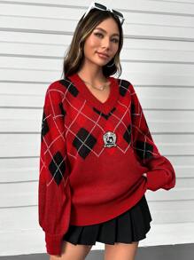 SHEIN Qutie Họa tiết Argyle Thả vai Áo len - Màu Đỏ Sâu - Xem 3