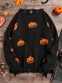 SHEIN LUNE Hơn Halloween Họa tiết Bí ngô Lace lên phía trước Áo len Distressed - màu đen - Xem 2
