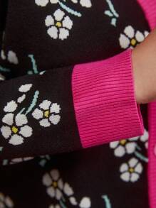 Frida Kahlo X SHEIN Hơn Mô hình hoa Viền tương phản Nút phía trước Áo len Mở - Nhiều màu - Xem 7