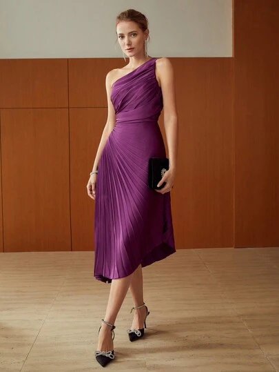 PLEATED ONE SHOULDER DRESS WEDDING GUEST DRESS｜Motf