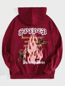 ROMWE MEN Street Life Guys Fire & Slogan Graphic Drawstring Hoodie - Burgundy - View 1