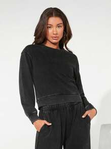 SHEIN BASICS 運動女士罩衫，採用毛圈絨面料 - 深灰色 - 查看 3