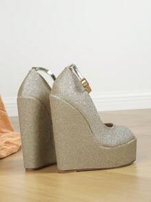 金色&粉色的魚嘴防水台坡跟&厚高跟鞋夜店時尚女性鞋 - 金色 - 查看 2