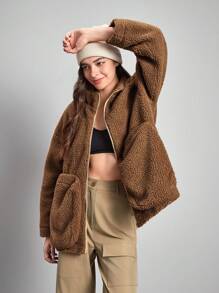 In My Nature 素色拉鏈開襟戶外搖粒絨夾克 - 咖啡棕 - 查看 6