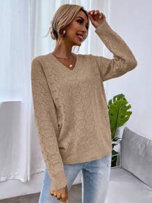 SHEIN LUNE 落肩镂空针织套头衫秋冬毛衣 - 棕色 - 查看 3