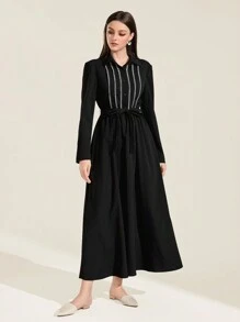 Mulvari Contrast Trim Self Belted Shirt Dress Modest Long Sleeve Dress