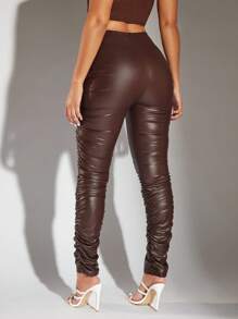 SHEIN BAE 褶飾 PU 皮革疊層長褲 - 咖啡棕 - 查看 2
