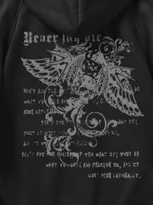 ROMWE MEN Grunge Punk 男士标语图案插肩袖抽绳保暖连帽衫，适合上学、秋冬季穿着 - 黑色 - 查看 4