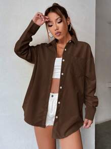 SHEIN Unity Solid Button Front Pocket Patched Shirt - Coffee Brown - View 3