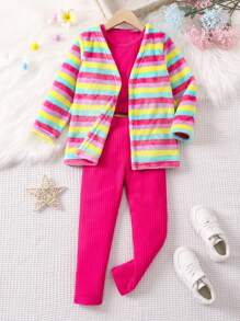 SHEIN 女小童背心上衣&緊身打底褲&彩虹條紋開門襟外套