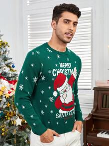 GENTILAND Hombres Suéter navideño con estampado de Papá Noel y eslogan - Verde Oscuro - Ver 5