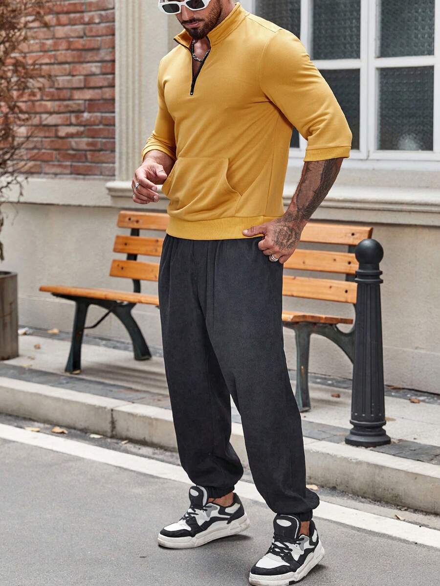 Manfinity Homme Nam Túi kangaroo Một nửa khóa kéo Áo nỉ - Màu vàng - Xem 1