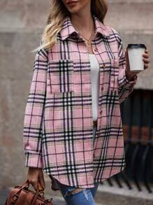 SHEIN LUNE 格紋印花落肩袖弧形下擺外套