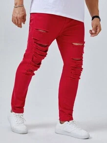 Manfinity VCAY Nam Plus Quần jean rách - Đỏ - Xem 1