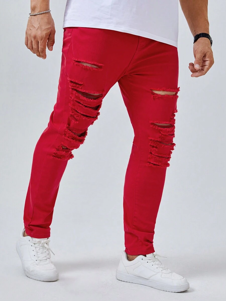 Manfinity VCAY Nam Plus Quần jean rách - Đỏ - Xem 1