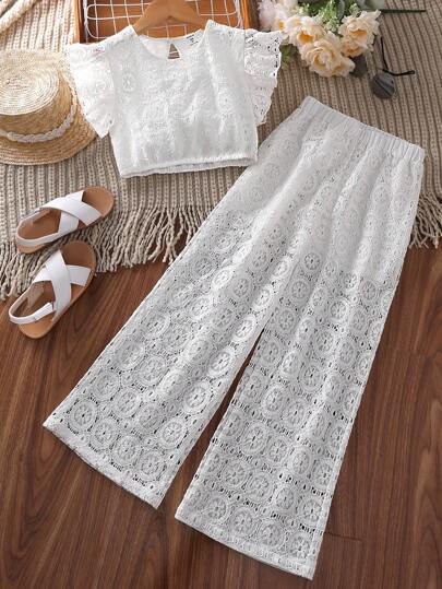 Sparklyn Top De Encaje Con Ribete De Volantes Y Pantalones De Pierna Ancha Para Niñas Mayores