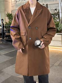 Claim Dot Loose Men's Double Breasted Trench Coat With Flap Detail - Coffee Brown - View 7