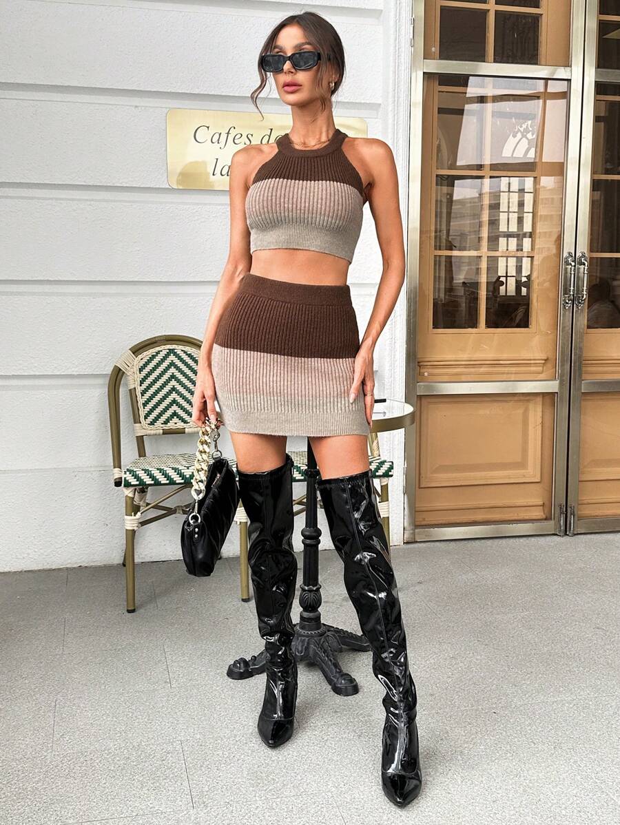 SHEIN Essnce 撞色短款吊脖針織上衣&針織短裙 - 彩色 - 查看 1