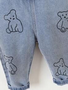 女嬰小熊印花翻蓋口袋牛仔背帶褲 - 淺色水洗藍 - 查看 5